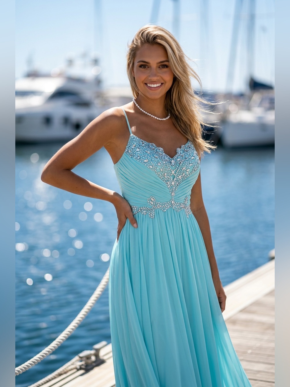 Elegant Aqua Beaded Spaghetti-Strap Evening Dress